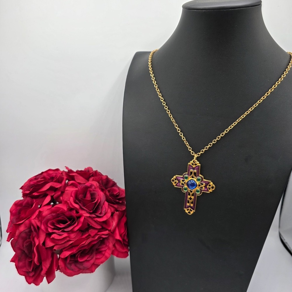 Avon Gold Tone Cross Pendant Necklace Blue Green Enamel Religious Pendant Vtg